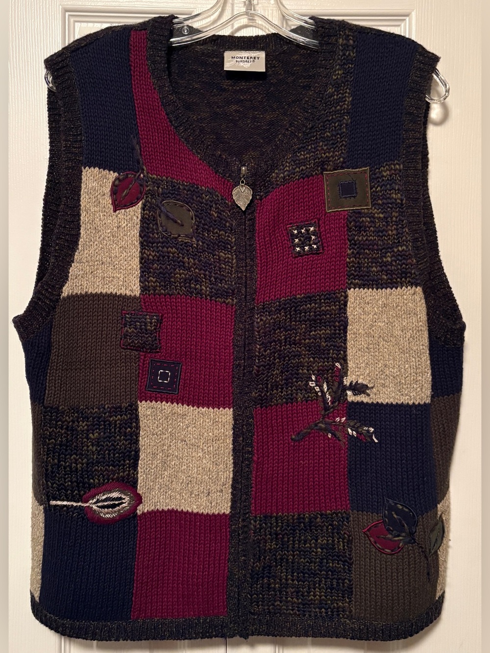 Monterey by Koret Vintage Patchwork Knit Sweater Vest Fall Leaves Large L
